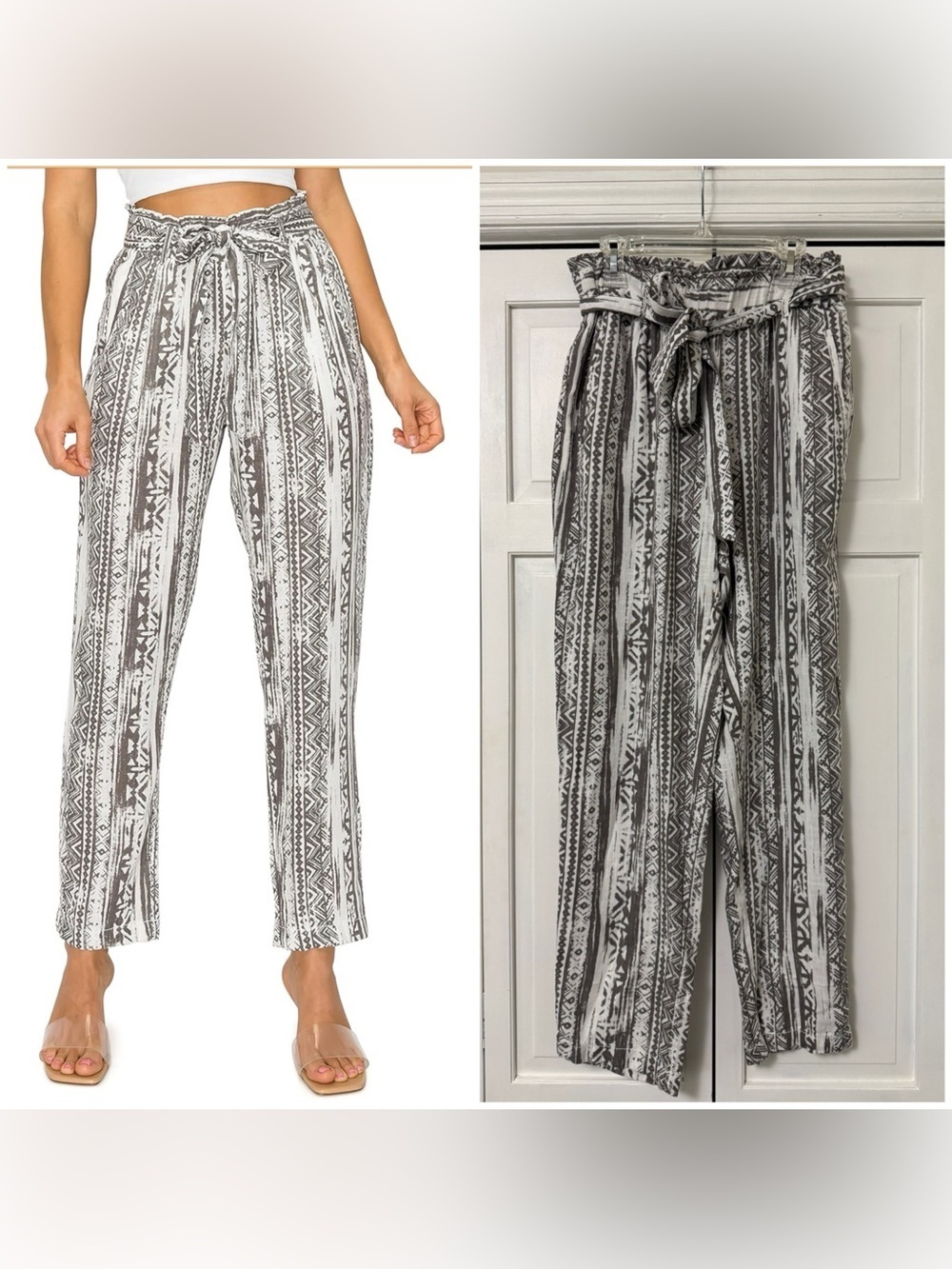 Cali1850 Paper Bag Linen Pants High Waisted Pull On Belt Oceanside Beach Pockets